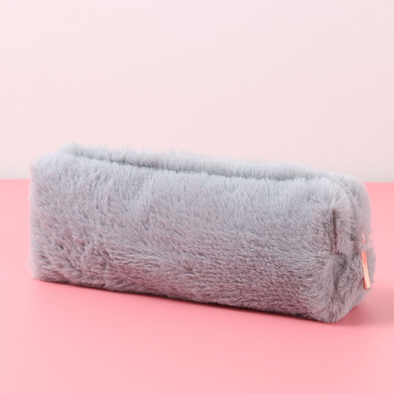 EZONE-Bolsa de pluma de peluche, estuches de lápices de colores caramelo peludos con pelo cálido de invierno con cremallera, para estudiantes, escuela y oficina: Gray