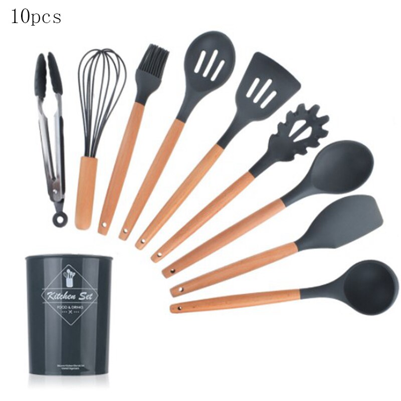 Silicone Cooking Utensils Set Soup Spoon Spatula Brush Non-Stick Shovel Wooden Handle Kitchen Tool Heat-Resistant: 10pcs B