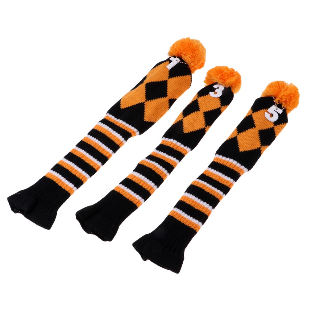 3 Pieces Golf Knit Pom Pom Headcover Driver Fairway Woods Head Covers Orange