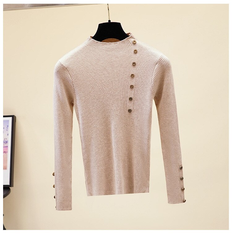 Hlbcbg casual höghalsad grundläggande höst vintertröja dam solid stickad tröja med långa ärmar långärmad mjuk tröja för kvinnor: Kaki