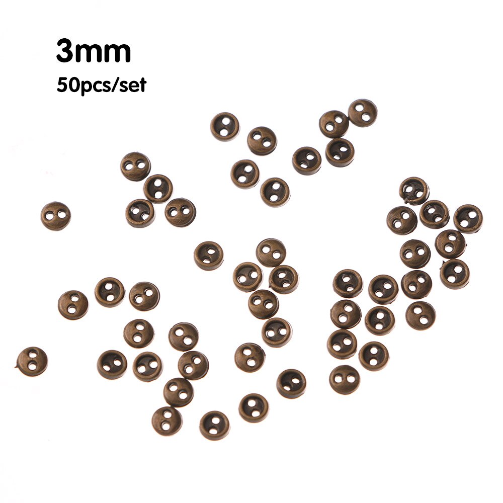 Mini Botón de muñeca para costura de bricolaje, botón de costura de bricolaje hecho a mano con 2 agujeros, botón plano para álbum de recortes, accesorios para ropa, 50 Uds.: 3MM	brown