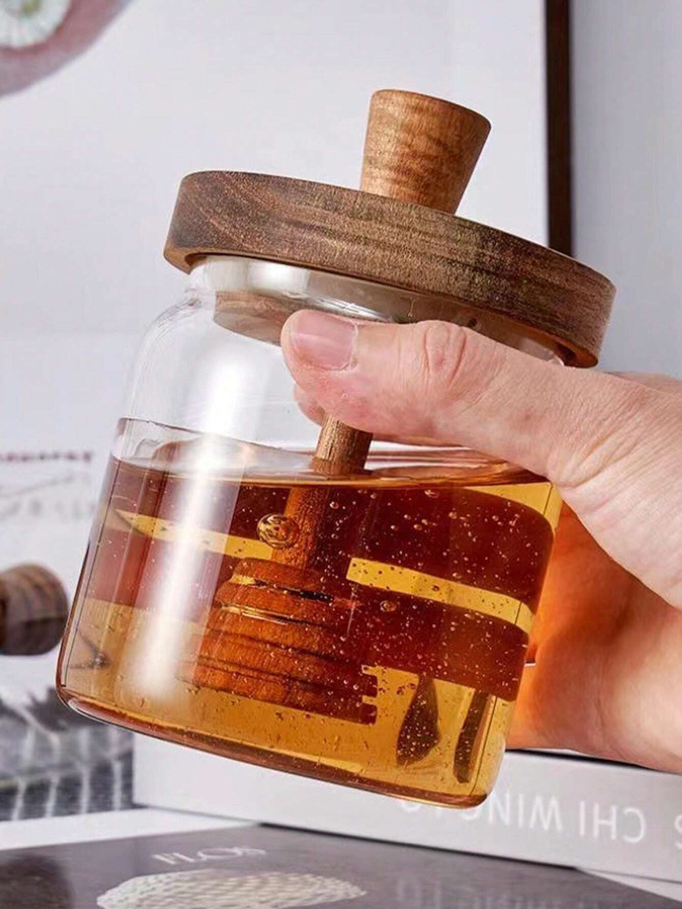 Tarro de miel de vidrio, bote de miel hermético avanzado, tanque sellado de vidrio, varilla mezcladora con cubierta de madera, botella de miel transparente, 1/2/3 unidades