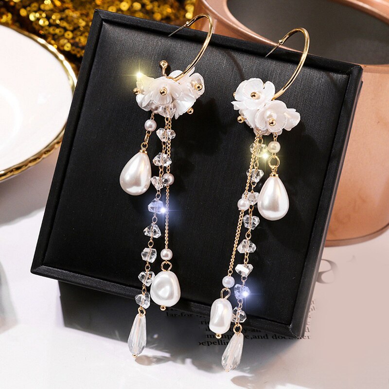 Pendientes colgantes bohemios de nueva flor para mujer, aretes largos a la con borlas y flores de diamantes de imitación, joyería para y boda,: Marrón