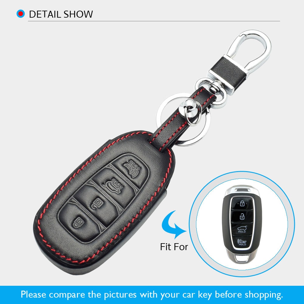 Funda de cuero para llave de coche Hyundai Kona Santa Fe TM 4 botones Smart Prox sin llave cubierta de mando de llave a distancia llavero Protector