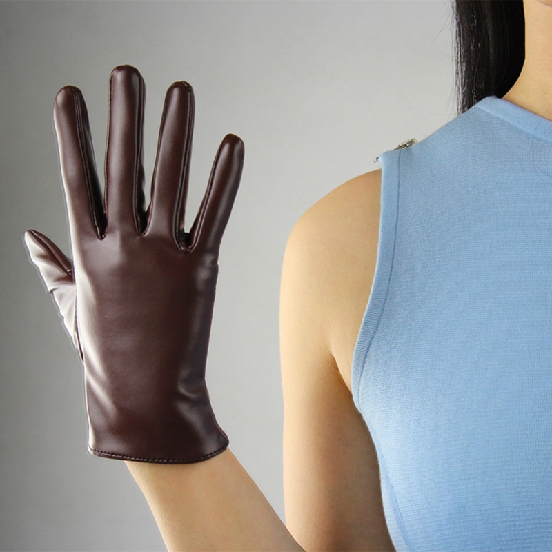 Handschuhe Frauen Kurze Simulation Leder PU21cm Ungefüttert Dunkelbraun Kaffee Farbe TB35