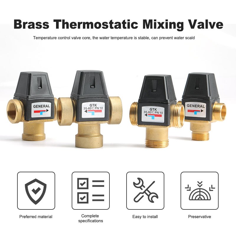 DN20/DN25 Solar Water Heater Valve 3-Way Brass Thermostatic Mixer Valve Male Female Thread Mixing Valve Accessories 3/4" 1"