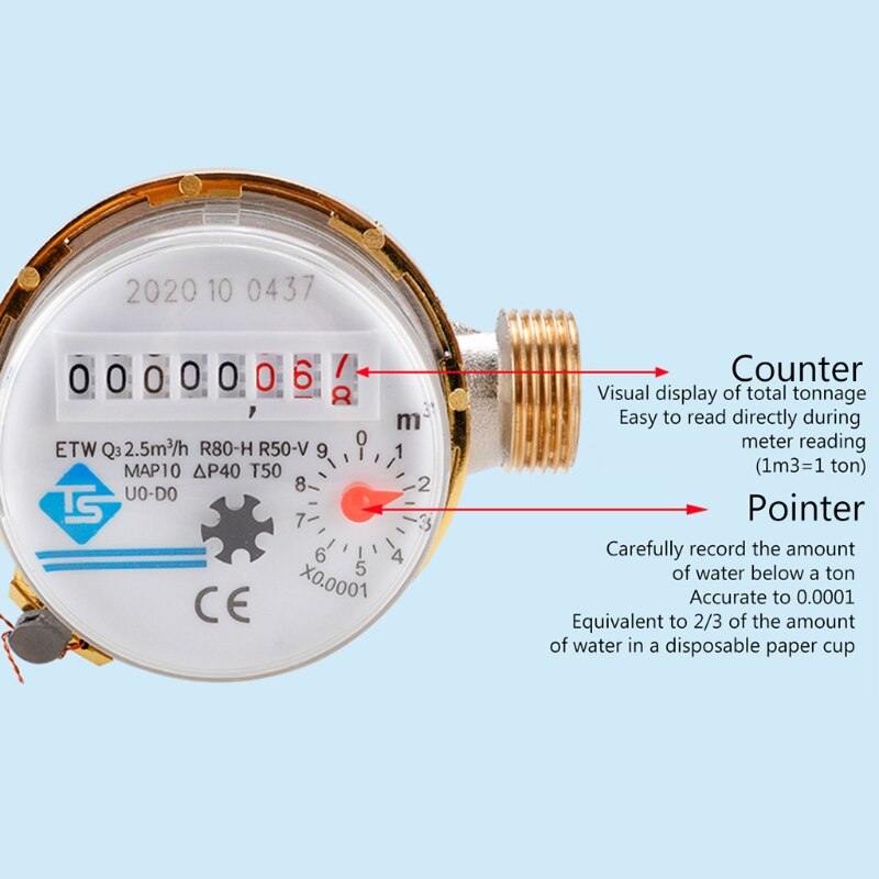 Medidor de agua mecánico de ala giratoria, 0-40 ℃, E-TYPE en frío de 1/2 "-3/4", 2,5 m, 3/h, PRECISIÓN DE 0.0001m3 con todo el conector de cobre