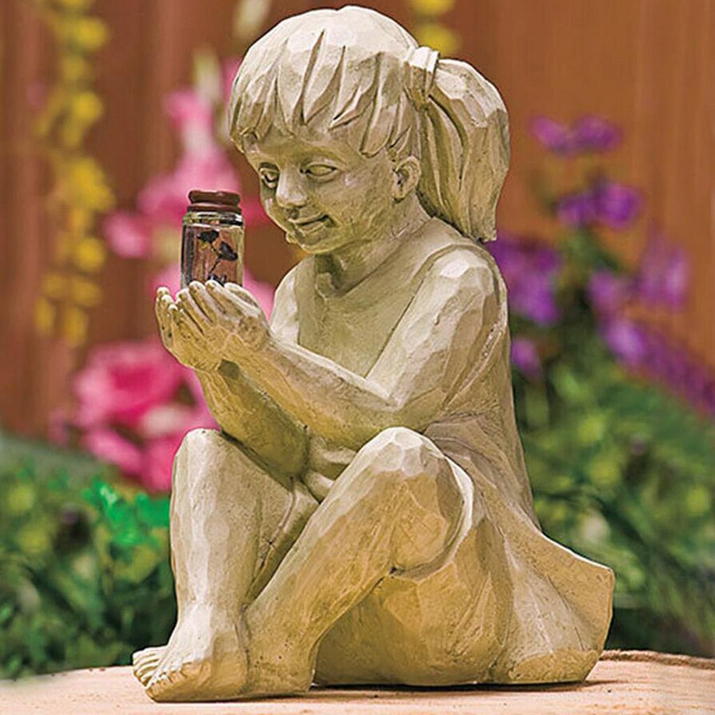 Estatua de resina para niño o niña, luciérnaga iluminada en tarro, adorno, escultura de jardín