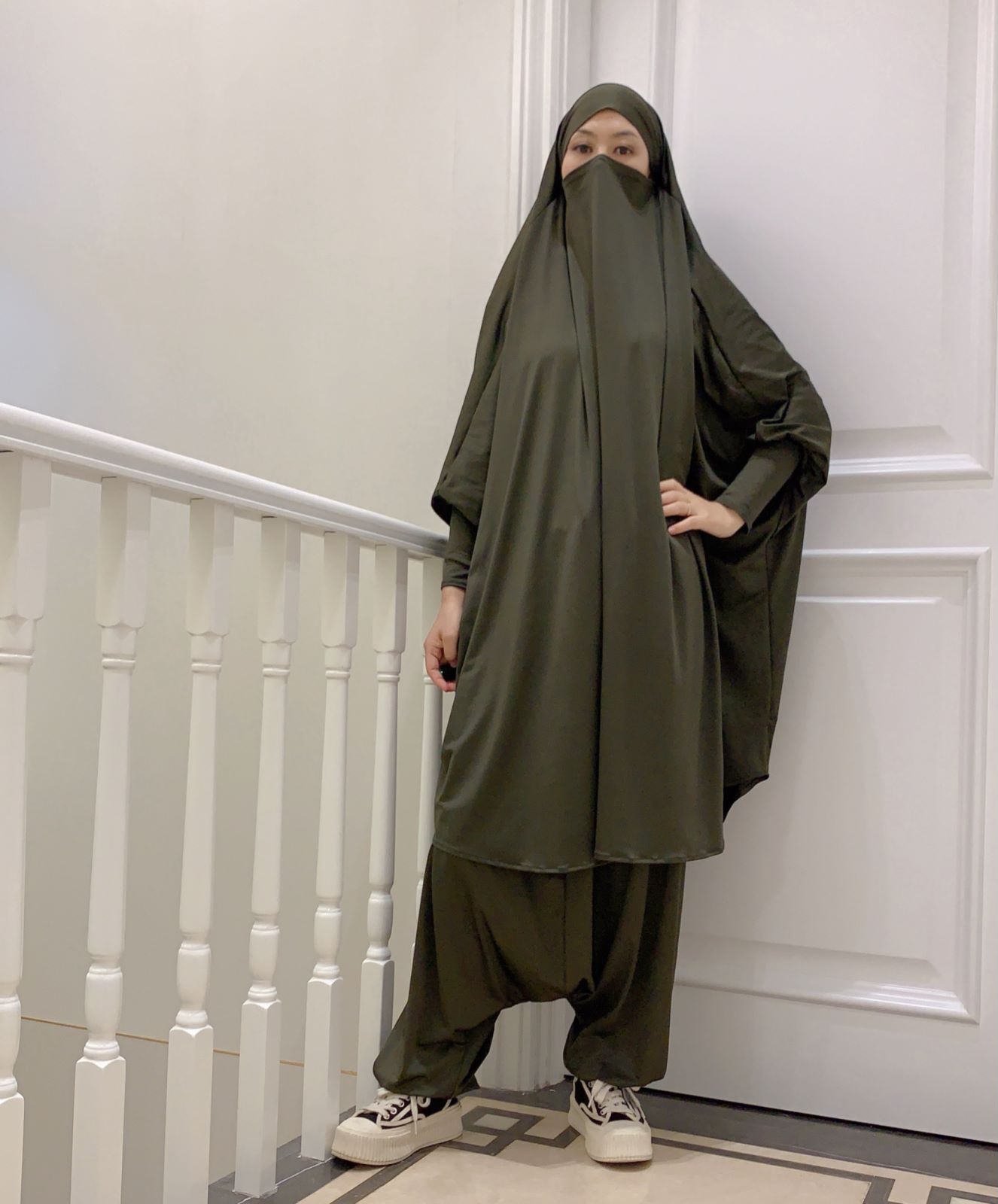 Muslim Macthing Outfit Dress Abaya 2pcs Set Women Jilbab Khimar Hijab Islamt Prayer djellaba femme Niqab Turkey Dubai Clothing: Army Green