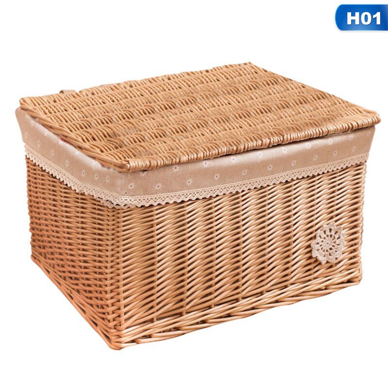 Rattan Storage Box Rural Retro Sundries Basket With Lid Wicker Storage Toy Box Empty Christmas Basket: H01