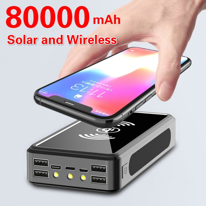 80000mAh Qi kabellos Energie Bank Solar- Energie Bank 4usb Handys Ladegerät für Iphone Samsung Xiaomi 9V 4A Externe batterie Bank