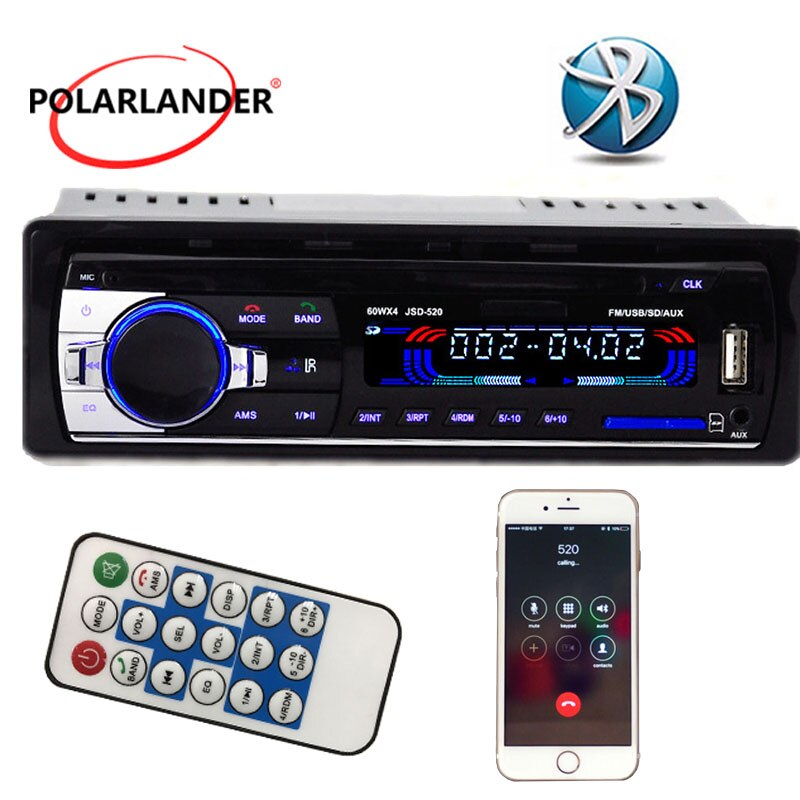 Polarlander – autoradio FM, USB, SD, AUX, bluetooth, mains libres, lecteur mp3, stéréo, 1 din, avec télécommande, , 12V