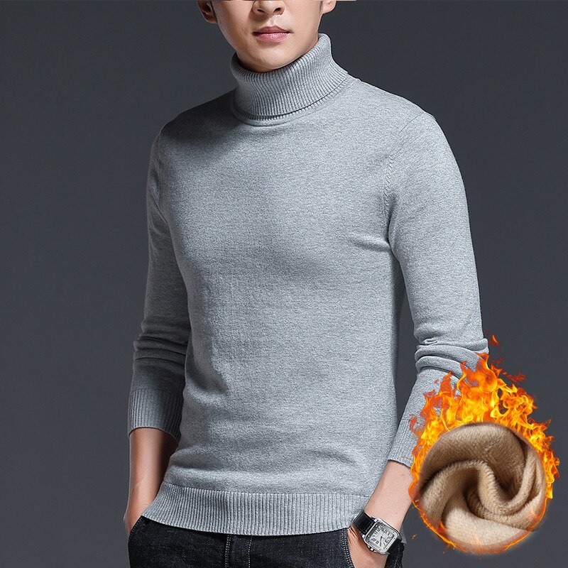 Fleece gebreide trui heren warme coltrui winter plus fluweel dikke warme coltrui heren casual slim fit trui: Lichtgrijs / M