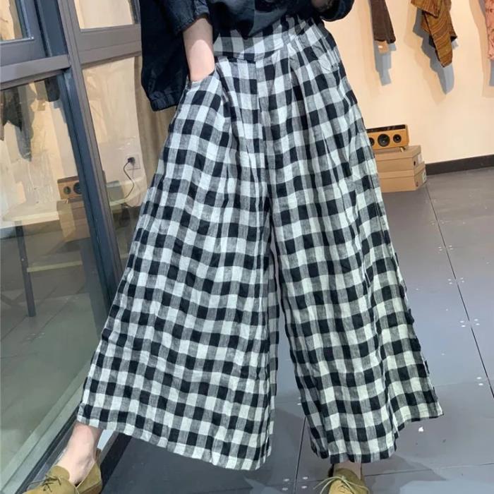 Woman Dress Plaid Pants Thin Cotton Linen Wide Leg Trousers Women Summer High Waist Baggy Jogger Pants Sweatpants: L / DEEP BLUE