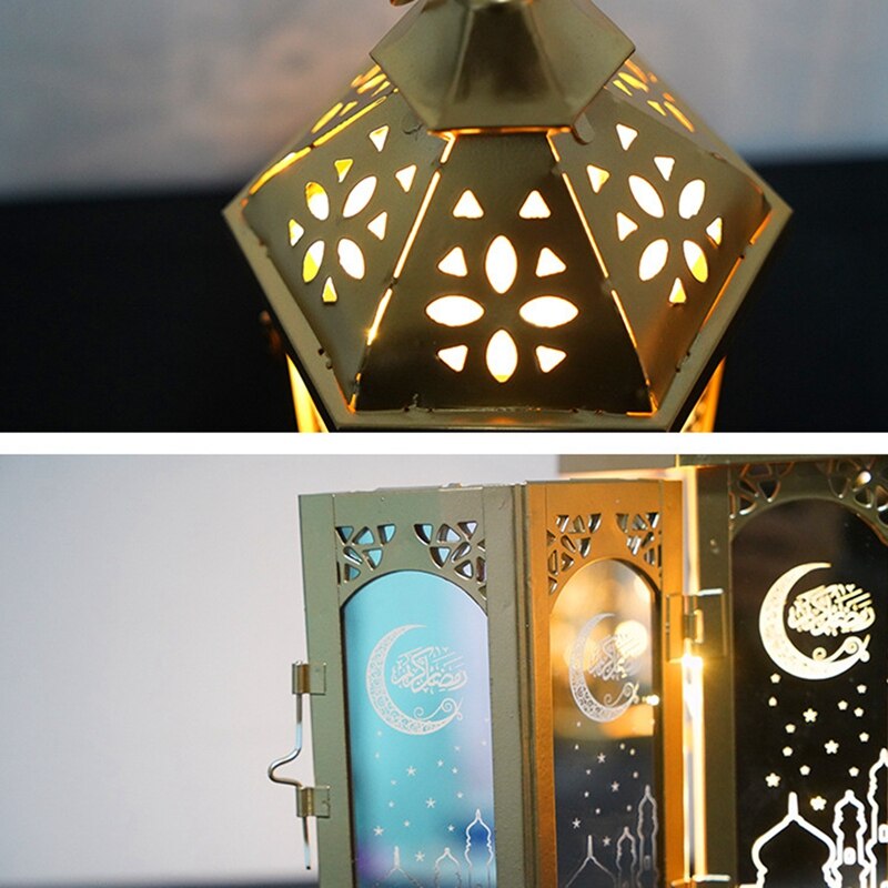 Eid mubarak led lys metall lanterne lampe batteri nattlys ramadan dekorasjon
