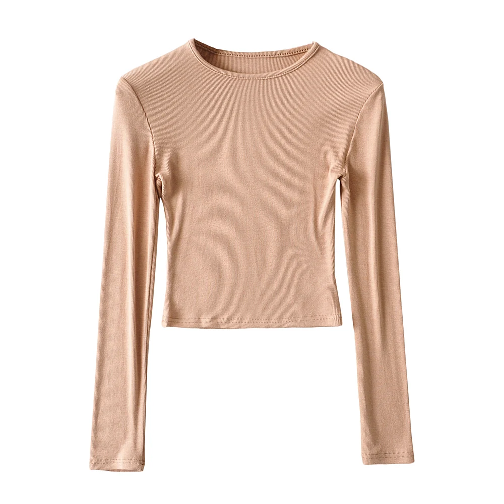 O-hals ensfarvede kvinder langærmede korte toppe sexet pullover bundbluser t-shirt crop top: M / Kamel