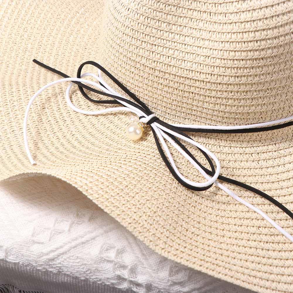 Trendy French Style Pearls Strap Straw Hat Wide Brim Beach Folding Straw Hats Spring Summer Travel Women's Sun Hat Girls