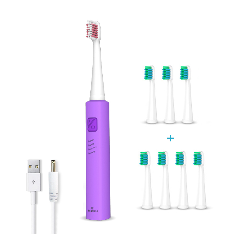 Ultrasonic Sonic Electric Toothbrush Rechargeable Tooth Brushes electric toothbrush with U1 tooth brush heads cepillo dental 4: purple 8 heads