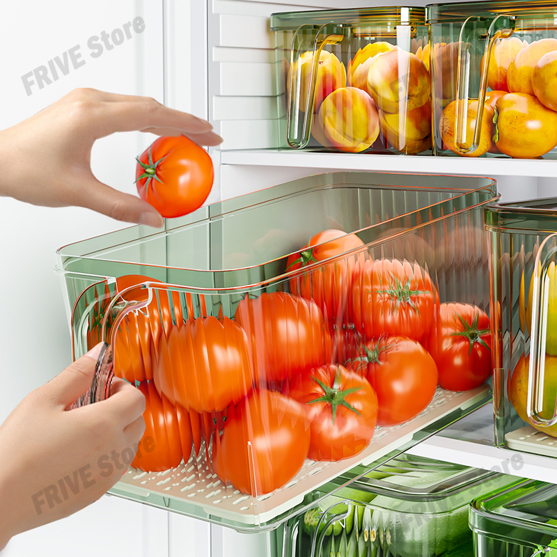 Caja de almacenamiento para refrigerador con mango de gran capacidad, cajas de almacenamiento transparentes apilables con tapas, caja de almacenamiento de frutas y verduras