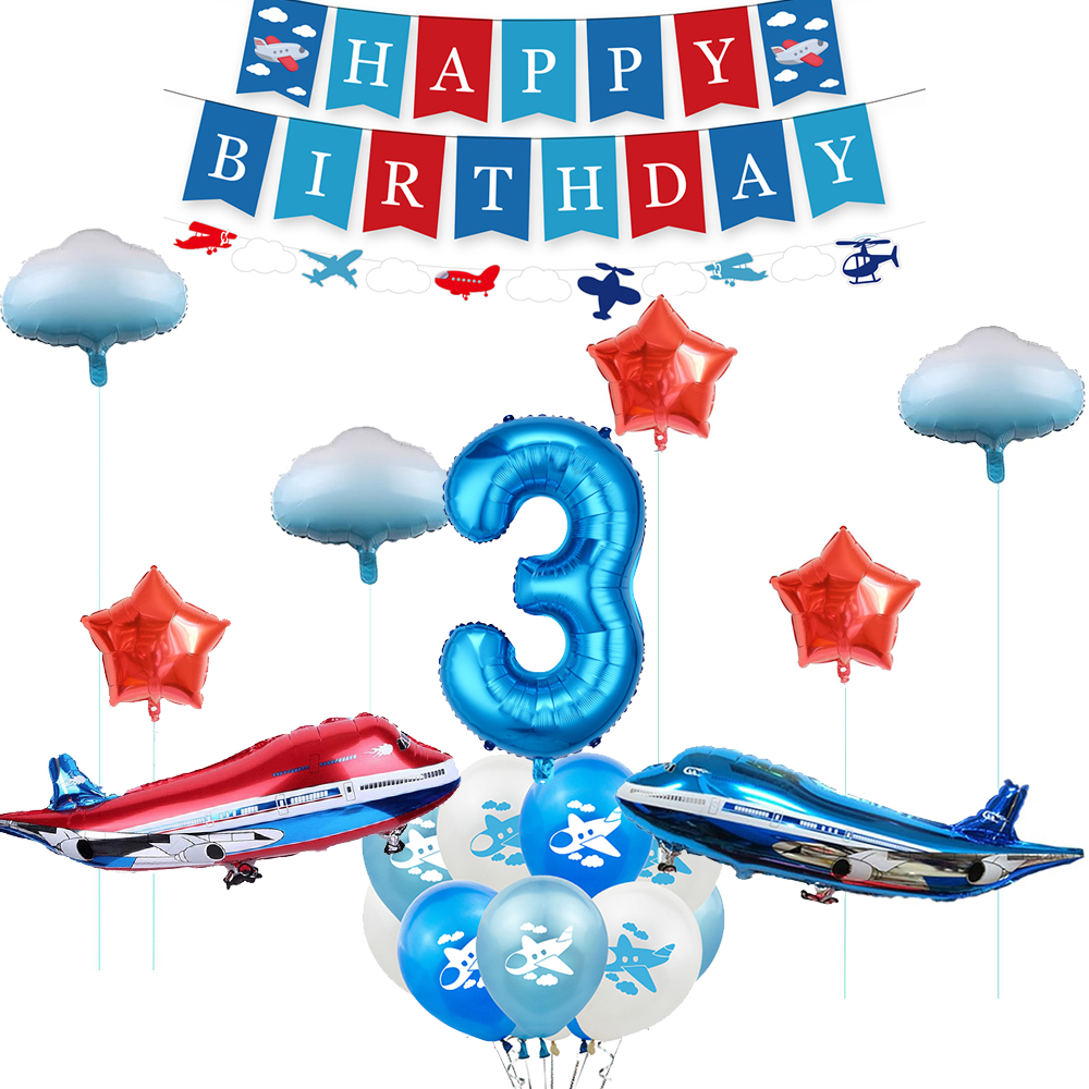 Airplane Foil Balloon Set 32in Number Balloons Banner Kids Boys Girls Airplane Birthday Decorations Aviator Baby Shower Supplies