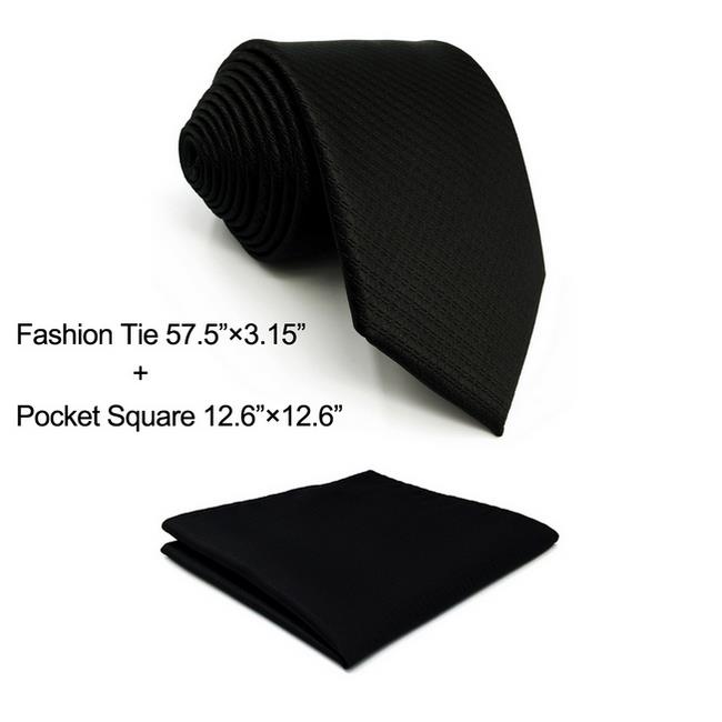 Zijde Zwart Solid Mens Stropdas Stropdas Set Mode Huwelijkscadeau Acceossories X-lange Pocket Plein: Classic Size Tie Set