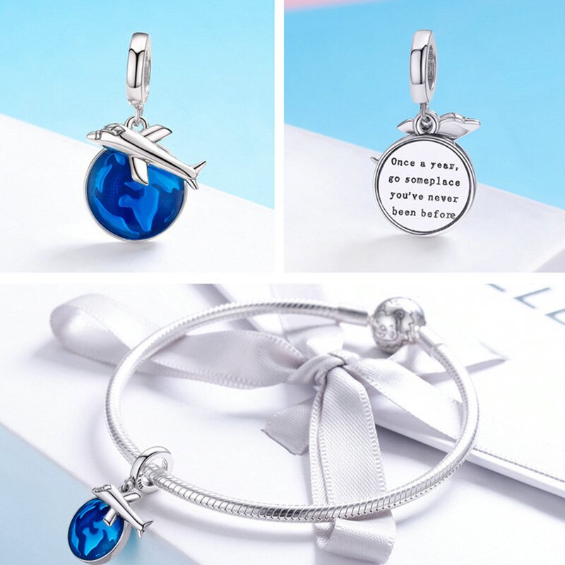 WOSTU Travel Around World Charms 100% 925 Sterling Silver Airplane Blue Beads Fit Original Bracelet Pendant DIY Necklace Jewelry