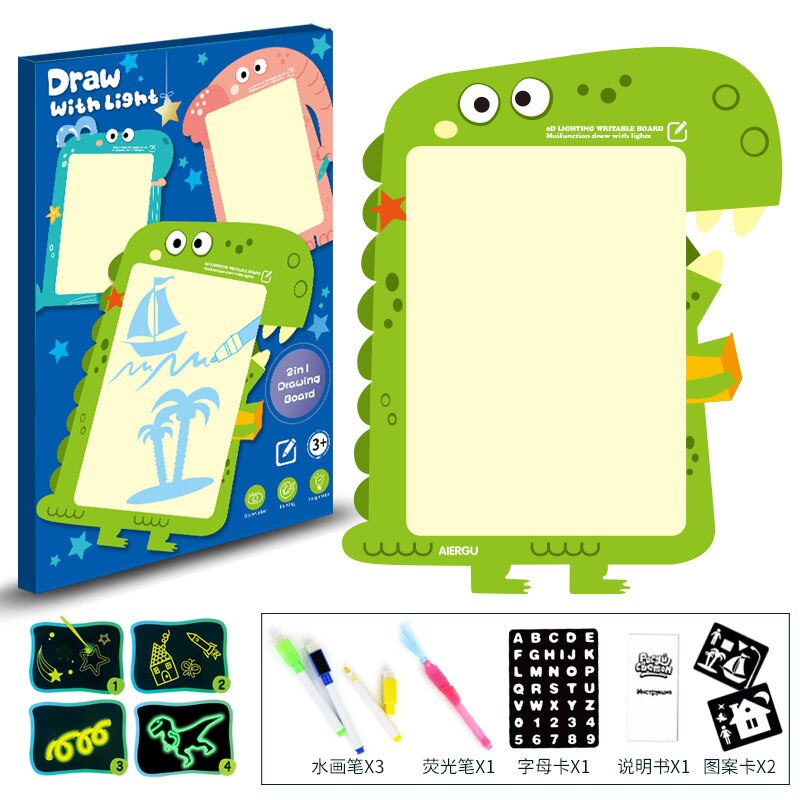 Writing Magic Drawing Board Set Educational Led Tablet Night Light Children Funny Toys Kids Russian Language Noctilucent: A3 dinosaur