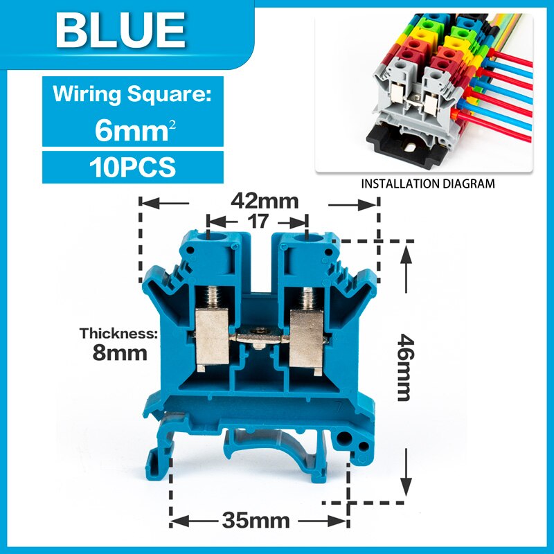 10Pcs Din Rail Terminal Block UK-6N Connductor Universal Class Screw Wire Connector Strips Disassemble assembly: Blue-10PCS