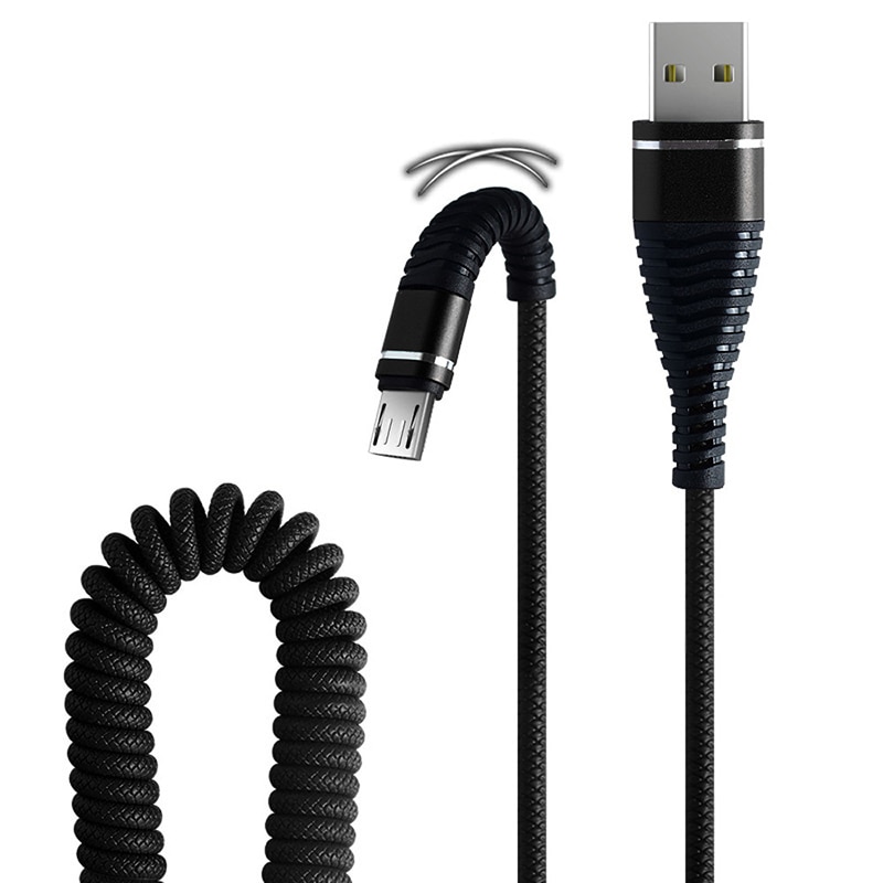 Cable Micro USB retráctil en espiral para iPhone, Samsung y Android, Cable USB tipo C de carga rápida de 1,2 M: For Micro USB / Black