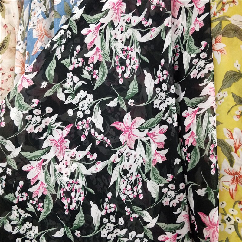 Bloemen chiffon hawaii jurk materiaal chiffon stof diy stof chiffon textiel 1 yard: 4 zwarte