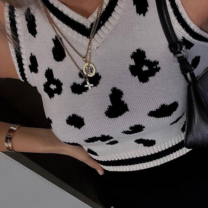 Knitted Sweater Vest Y2K Aesthetics Cow Parttern E-girl Vintage Sleeveless Pullovers Summer Casual Knitwear Women Clothing