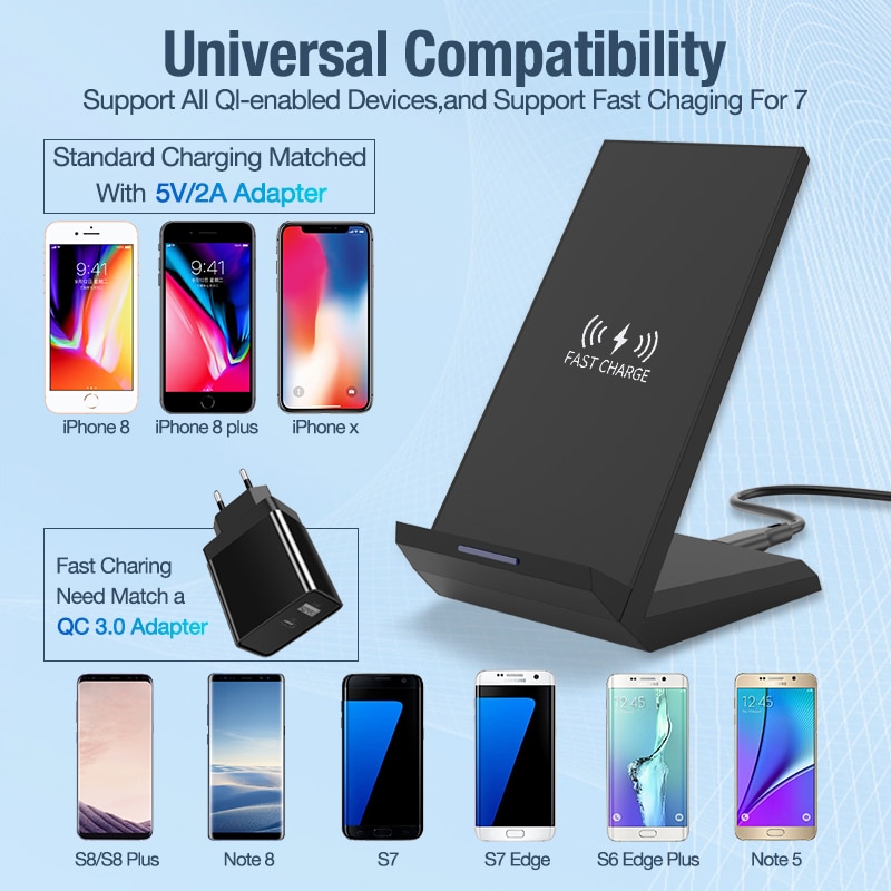 15W Qi Wireless Charger Stand for iPhone 11 Pro 8 X XS Samsung S10 S9 S8 - Fast Charging Desktop Phone Holder with LED Indicator