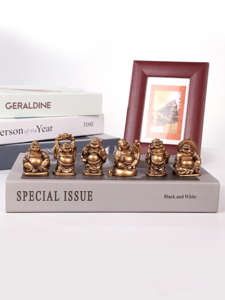 Set zes Boeddha groep hars Maitreya huis Feng Shui ornamenten lachende Boeddha grote buik Boeddha ambachten ornamenten: Bronze