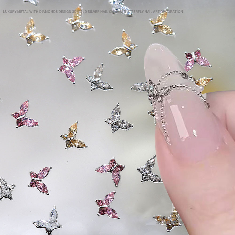 10 Stück Mini 4*5mm Kristall Schmetterling Nagel Kunst Reize 3D Diamant Schmuck Teile Rosa Klar Metall Manikübetreffend Dekoration Strass Edelsteine
