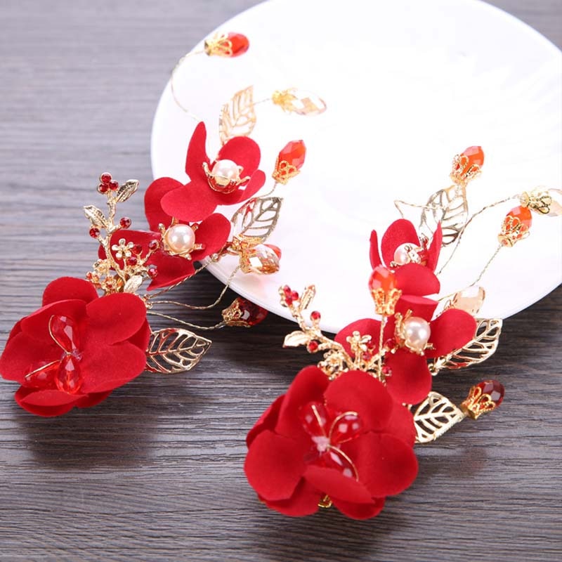 1pc Classic Chinese Red Flower Bride Hair Pins Hair Jewelry Women Girl Hairpin Tiara Barrette Bridal Wedding Hair Accessories LB