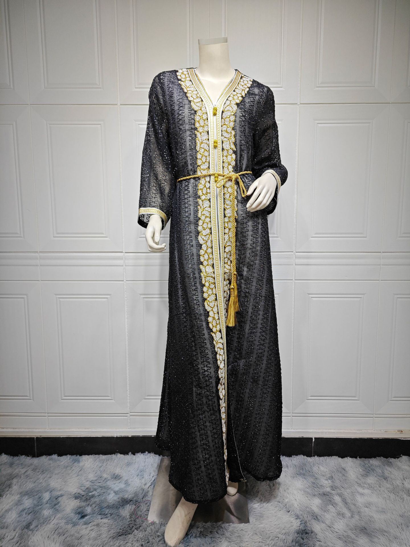 Uni moda muçulmano dubai luxo mulher abayas conjunto de duas peças com faixas com decote em v com cinto vestidos de cetim marroquino robe islâmico: XL / Azul