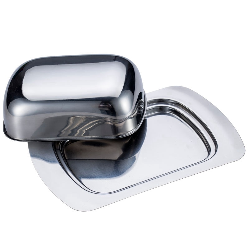 Caja ovalada de acero inoxidable para plato de mantequilla, contenedor con servidor de queso brillante, bandeja de almacenamiento con tapa fácil de sostener