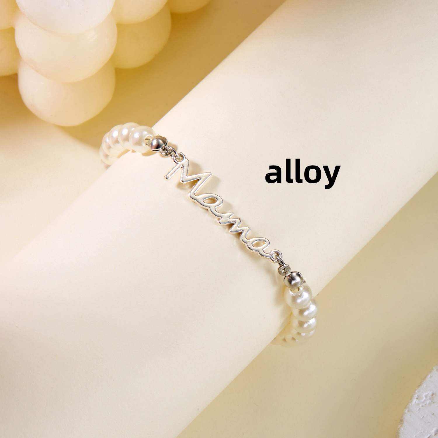 Pulseras con colgante de mamá con letras de perlas de imitación, dijes de , pulsera de cadenas de acero inoxidable para mujer, joyería, para el día de la madre: Marrón rojizo