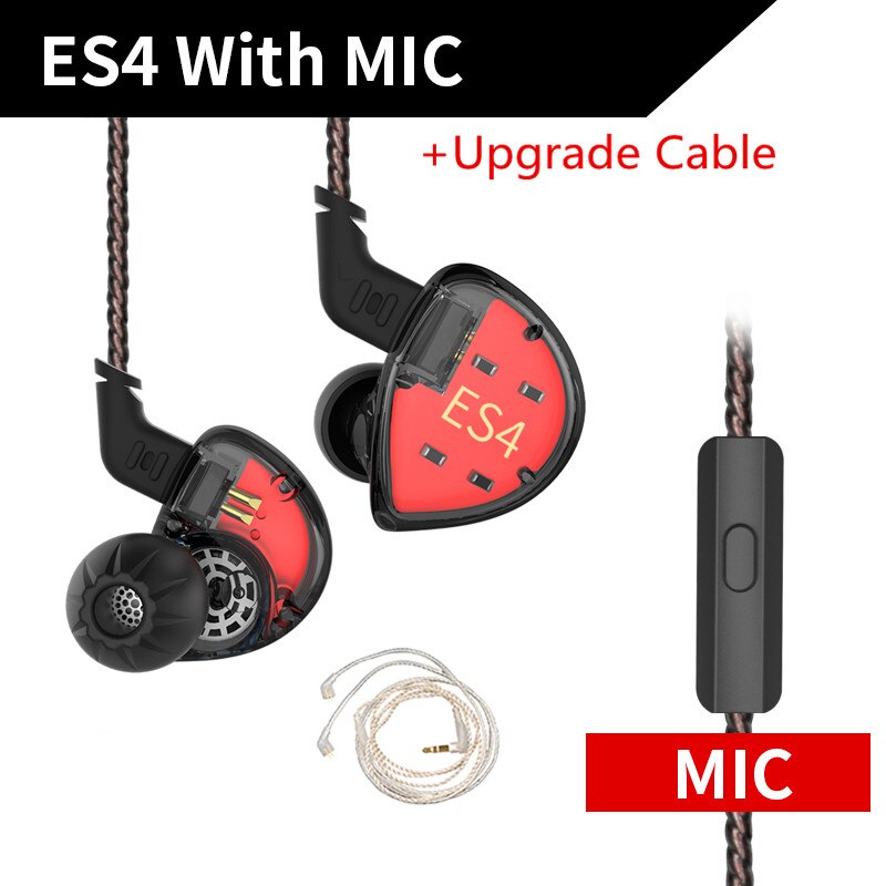 KZ ES4 1BA+1DD Hybrid In-ear Earphone Hifi Dynamic Driver Noise Cancelling Headset Replacement Cable AS10 ZSX ZSX ZST ES3 ZSN: black with mic silve
