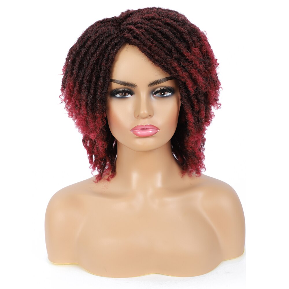 Peluca de rastas trenzada Twist negro marrón corta resistente al calor Crochet Soul Locs pelucas de pelo sintético para mujeres blancas y negras: T1B / color vino