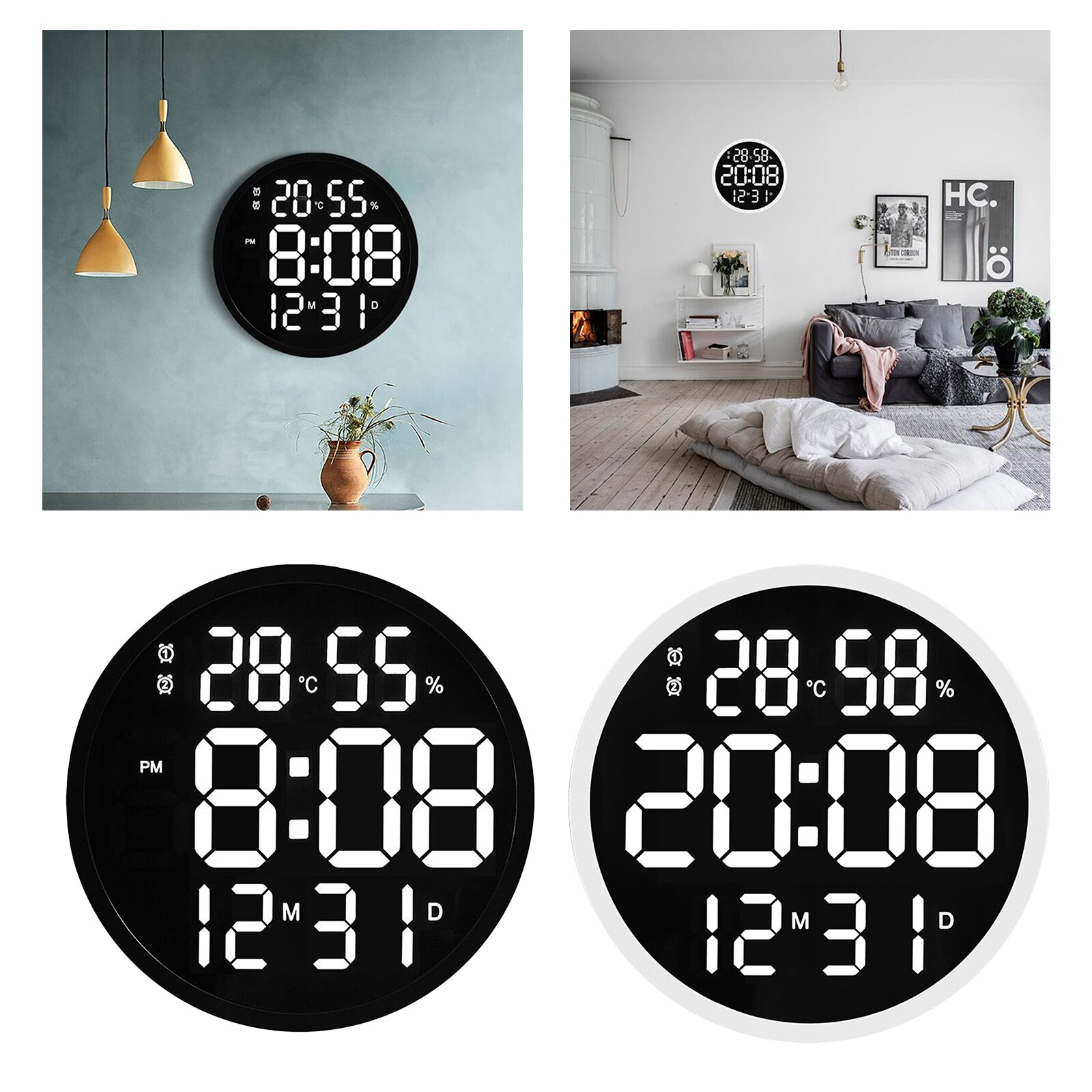 Reloj de pared Digital redondo, con fecha, temperatura interior, pantalla de humedad, gran número, Control remoto electrónico de 30cm de diámetro