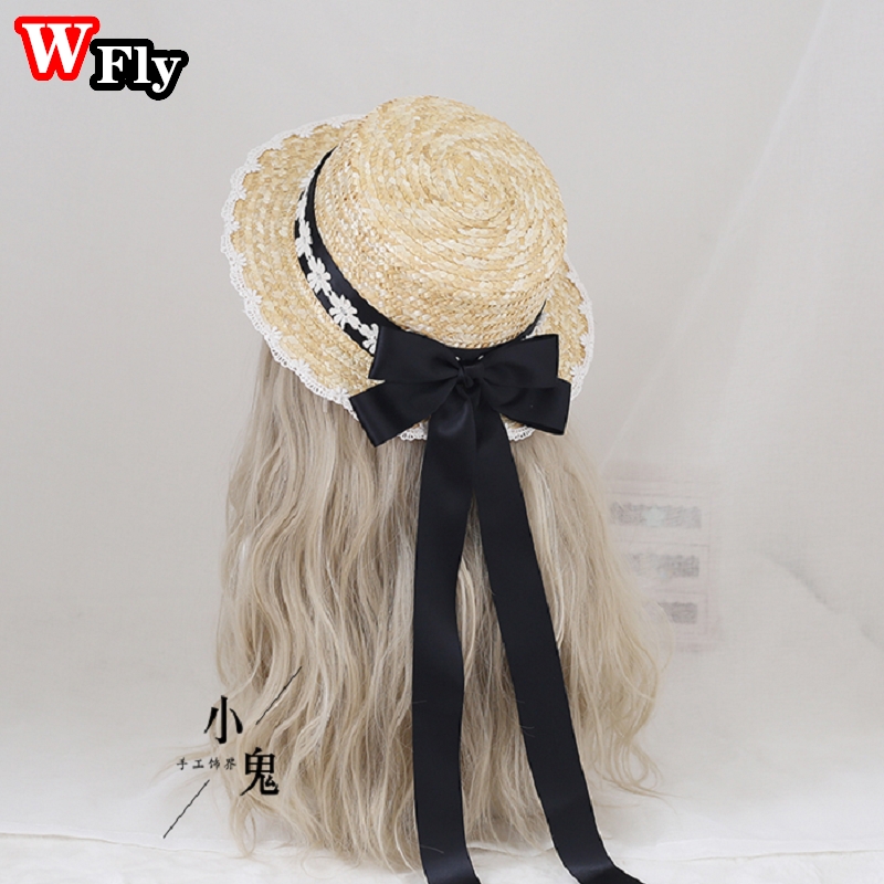 Harajuku Vrouwen Meisjes Zomer Strooien Hoed Strand Zonnehoed Handgemaakte Zoete Lolita Cosplay Lace Strik Stro Hoeden Versieren: color 9