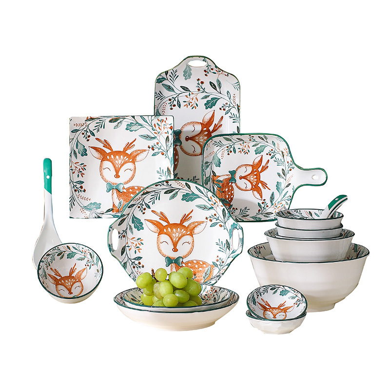 Cartoon Ceramic Kids Plate Set Dinning Food Deer Restaurant Nordic Plates Dinner Serving Platos De Cena Home Tableware DL60PZ