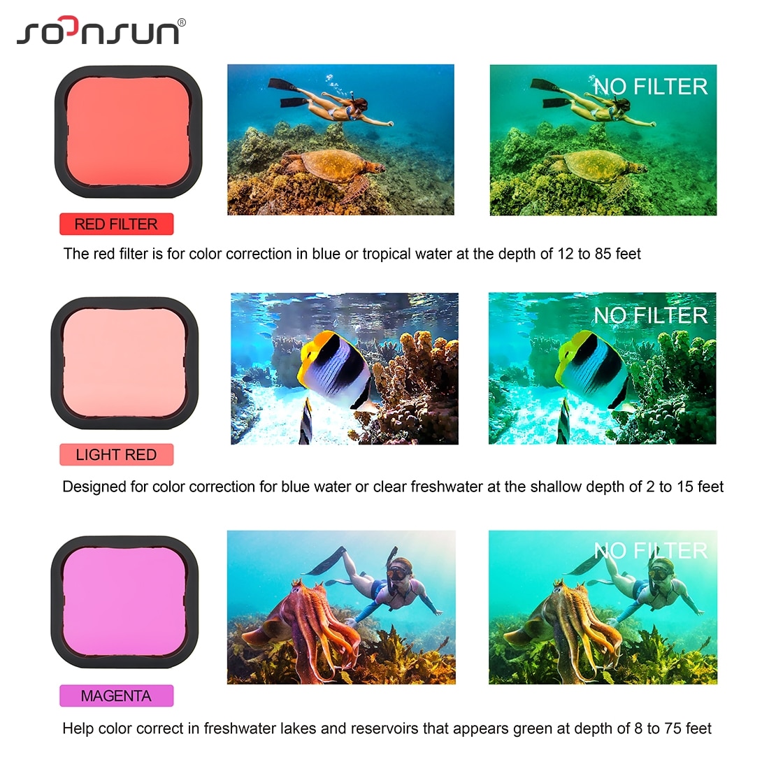 SOONSUN Waterproof Housing Case with Dive Filter for GoPro Hero 7 Silver White Protective Case with Red Light Red Magenta Filter