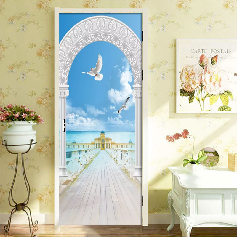 3D Roman Column Seascape PVC Waterproof Self-Adhesive Door Sticker Wallpaper For Living Room Bedroom Door Decals Wall Sticker