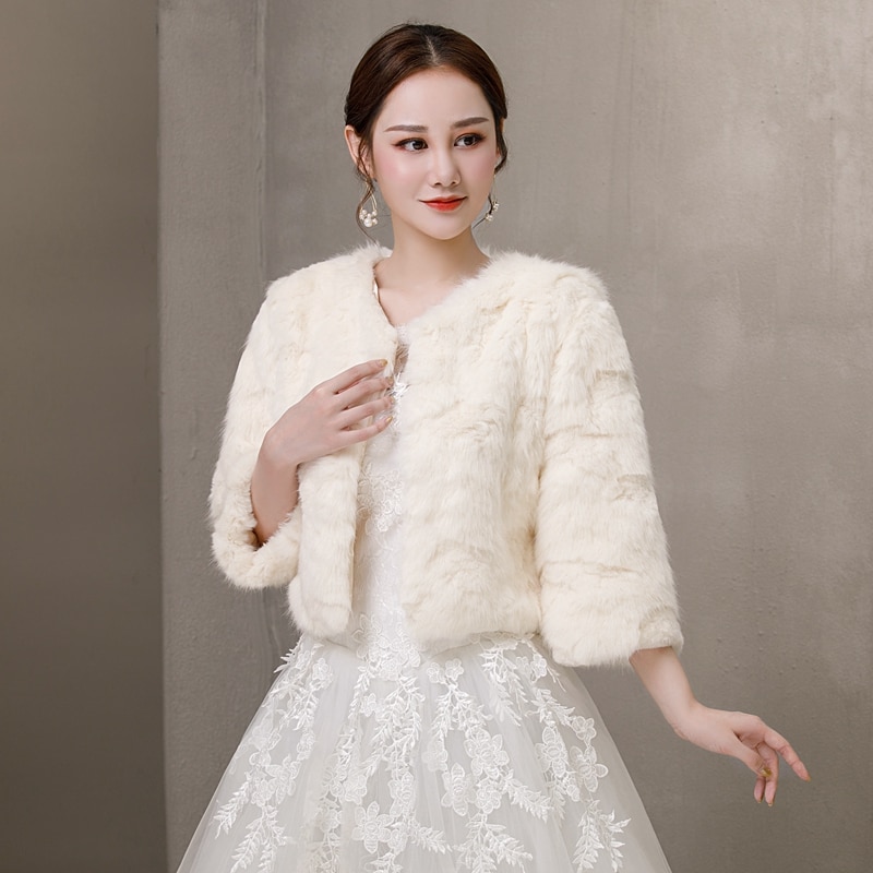 Three Quarter Sleeve Ivory Formal Party Evening Jackets Wraps Faux Fur Wedding Capes Winter Women Bolero Shawls