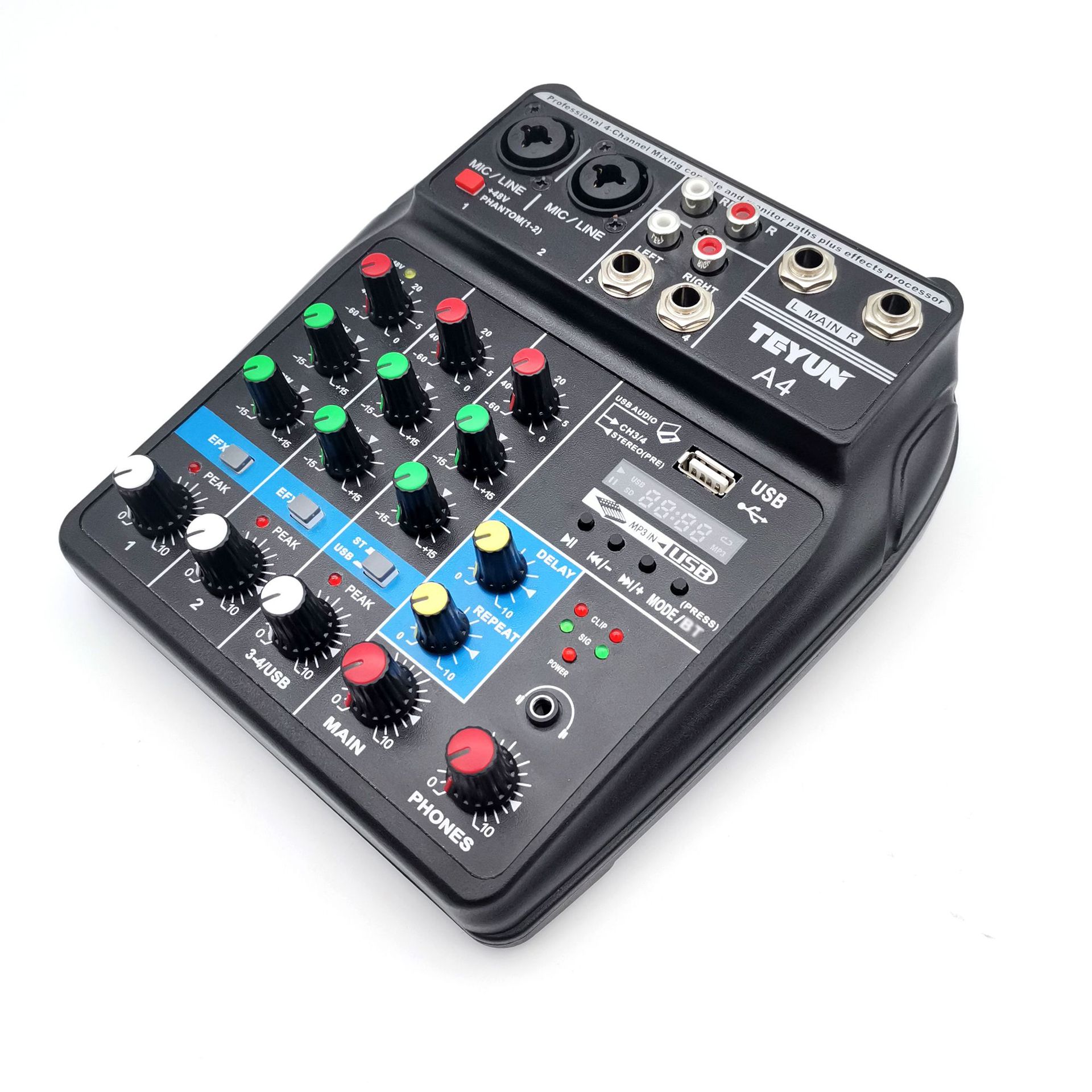 TEYUN A4 Console di missaggio Audio 4 canali Mixer Audio USB Bluetooth USB Record Computer 48V Phantom ritardo alimentazione effetto Repaeat