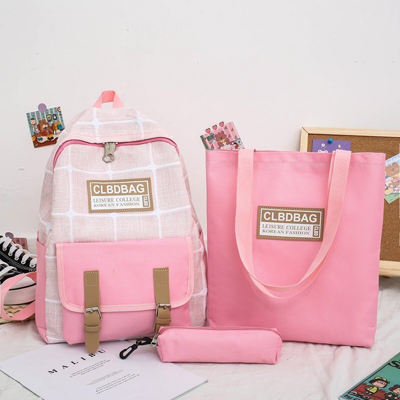 Puimentiua 4 Stks/set Rugzak Vrouwen Rugzak Canvas Schoudertassen Plaid Stijl Meisje Schooltas Vrouwelijke Student Rugzak Sets: pink B