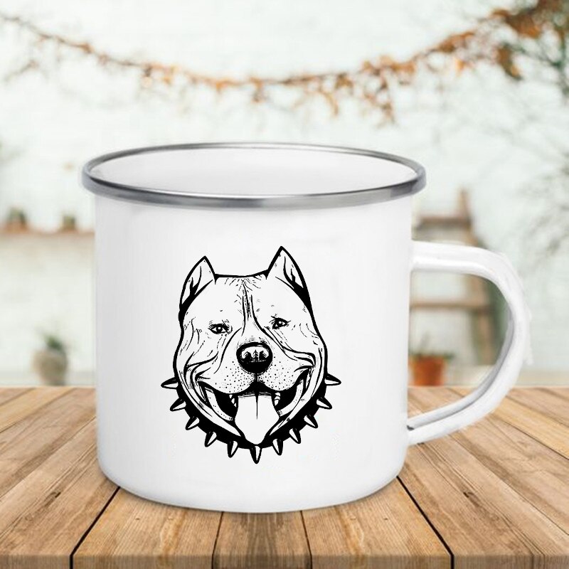Taza de esmalte con estampado de Bulldog, tazas creativas para café, té, desayuno, leche, Camping, con asa, para amantes de los perros: XH2217-A015WH-8
