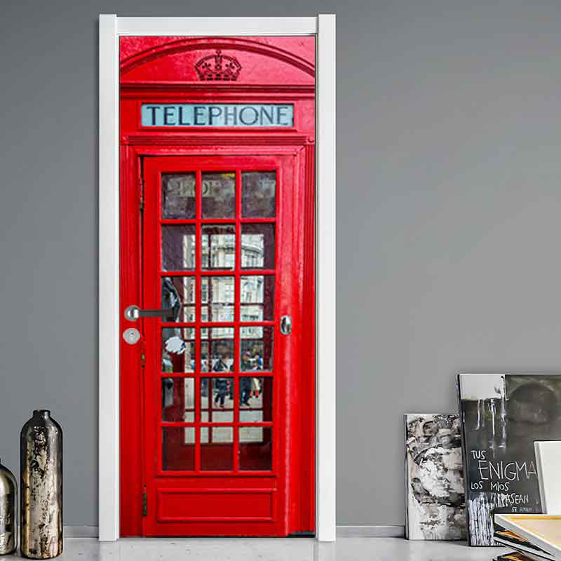London Red Telephone Booth Home Wooden Door Renovation Decorative Painting Wall Sticker Door Sticker Bathroom Decoration